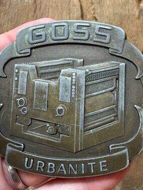 Vintage Goss Urbanite printing press promo retro belt buckle 2.5 x 2.5 inches